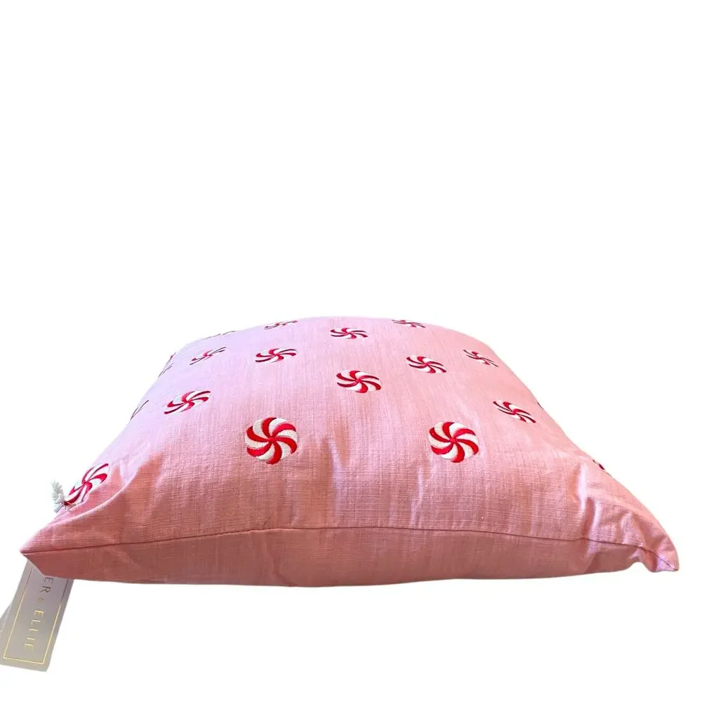 Pinkmas Peppermint Swirl Pillow 20x20 Embroidered Christmas Holiday Decor NEW